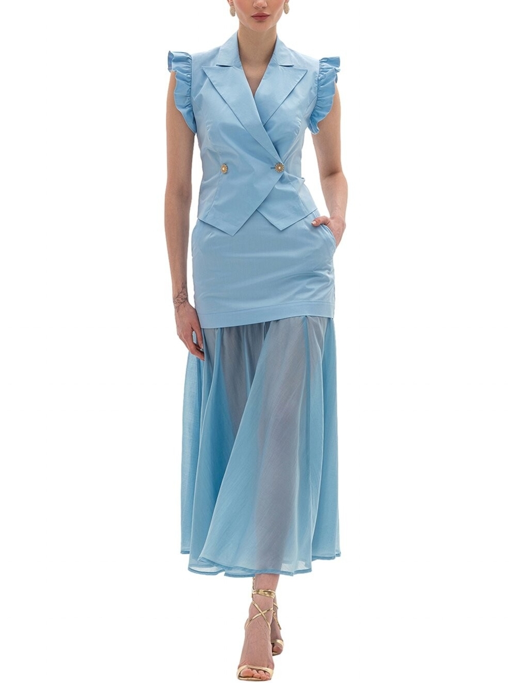 BGL Light Blue Sheer Maxi Skirt with Layered Overlay